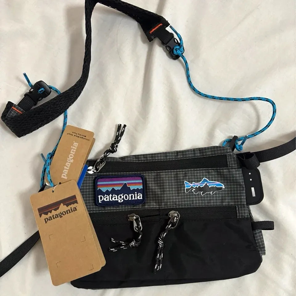 Bolso Patagonia Tipo Mensajero Cruzado Campismo Mochila Negro Bandolera de Pesca Colores Gris y Negro
